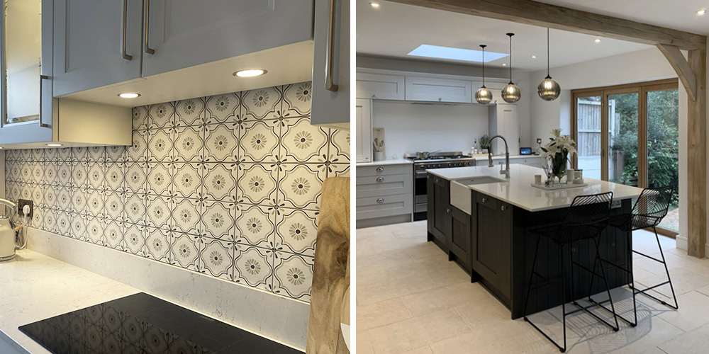 (Left) Wentworth flower pattern wall tiles, (Right) Menton tumbled limestone floor tiles